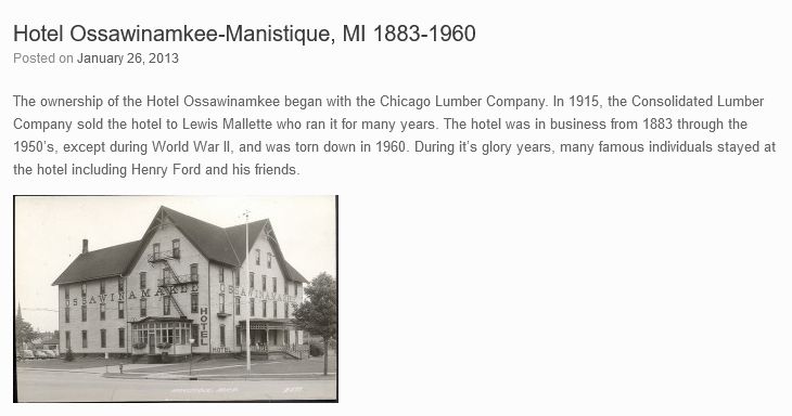 Hotel Ossawinamkee - Schoolcraft County History Page (newer photo)